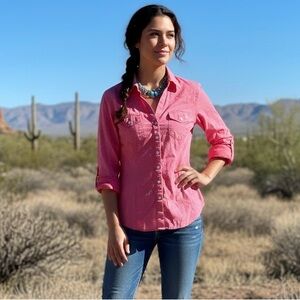 DAVID BITTON BUFFALO Pink Coral White Polka Dot Shirt Casual Button Up Fitted S